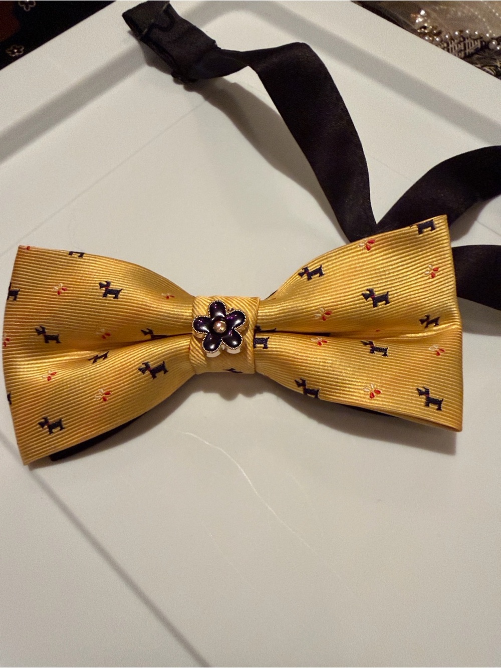 Yellow Dog-Pattern Bow Tie with Floral Center